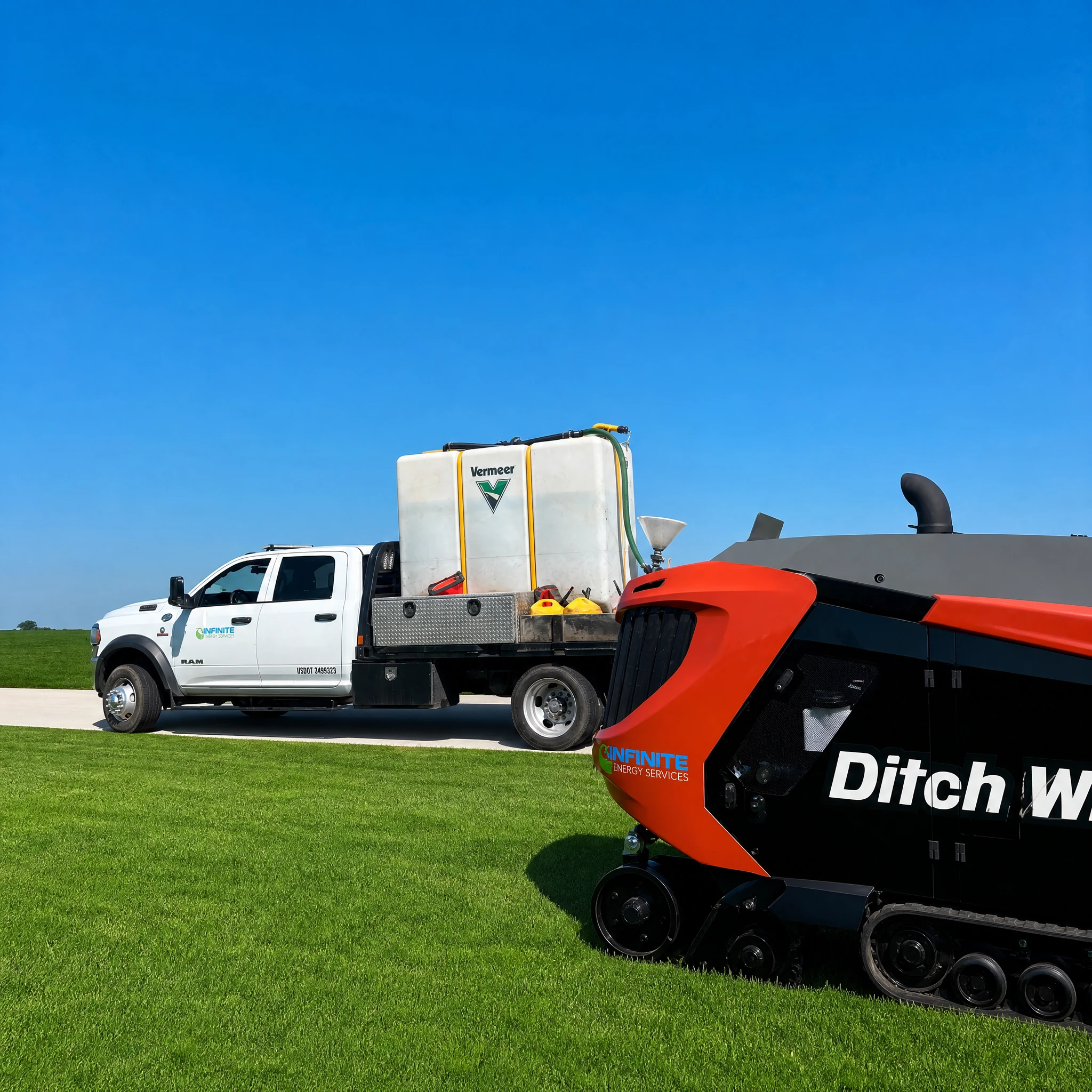 Branded crew truck towing a Vermeer trailer beside a Ditch Witch directional drill in an open field