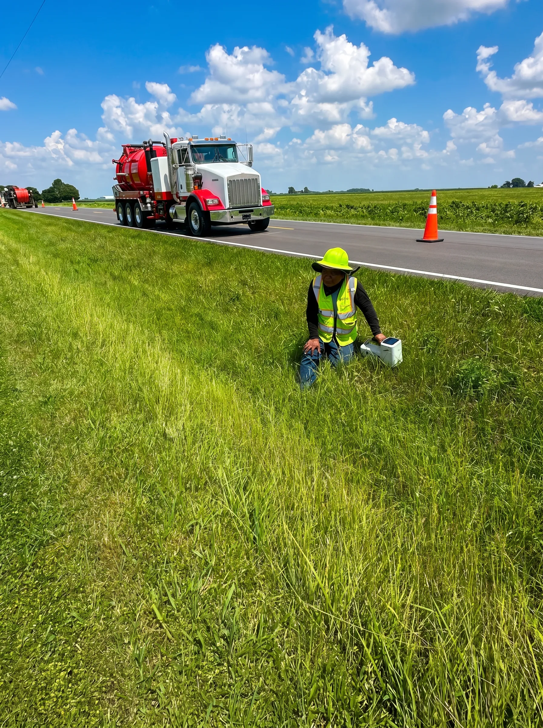 Field technician in a safety vest crouched at a roadside, locating utilities before construction