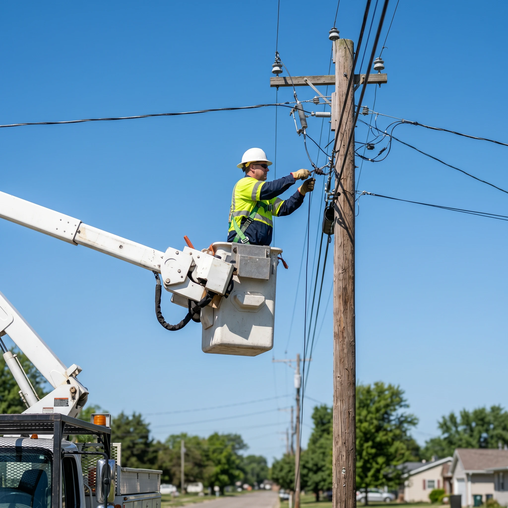 Infinite Energy Services technician placing aerial cable from a bucket over a residential street